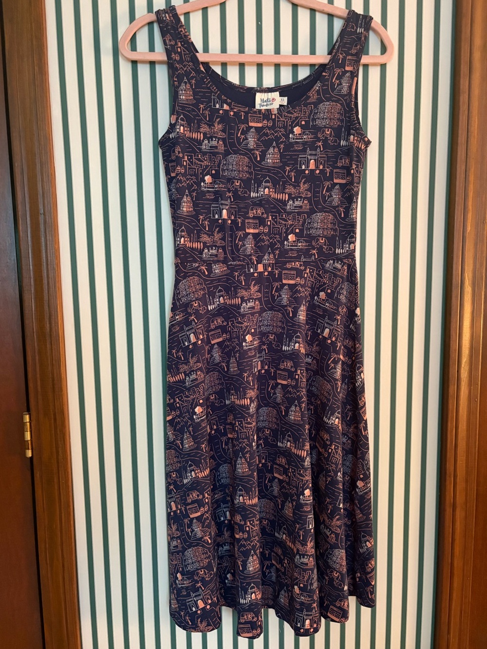 Mata Traders Navy Dress with Peach Scenic Print